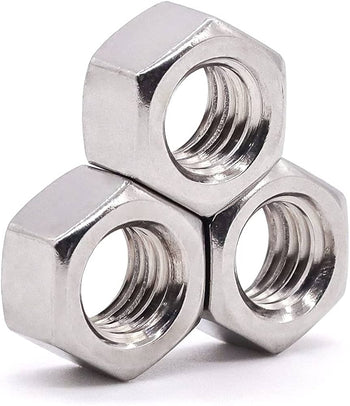 3 Hex Nuts stacked on white background