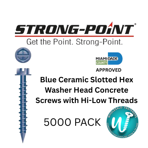 3/8X1-1/4 Strong Point-Blue Ceramic Slotted Hex Washer Head Concrete Screws with Hi-Low Threads-5,000/Box - Wholesale-Fasteners