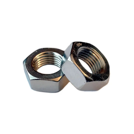 Two metallic hex nuts on a white background