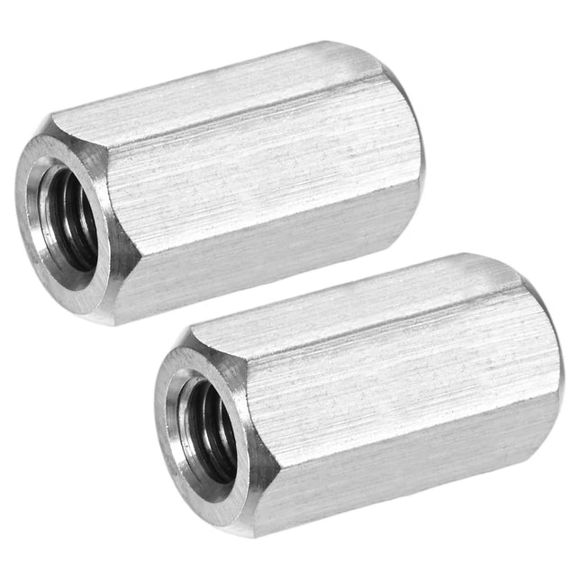 Two metallic hex nuts on a white background