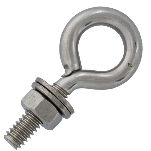 Metal eye bolt with threaded shaft on a white background