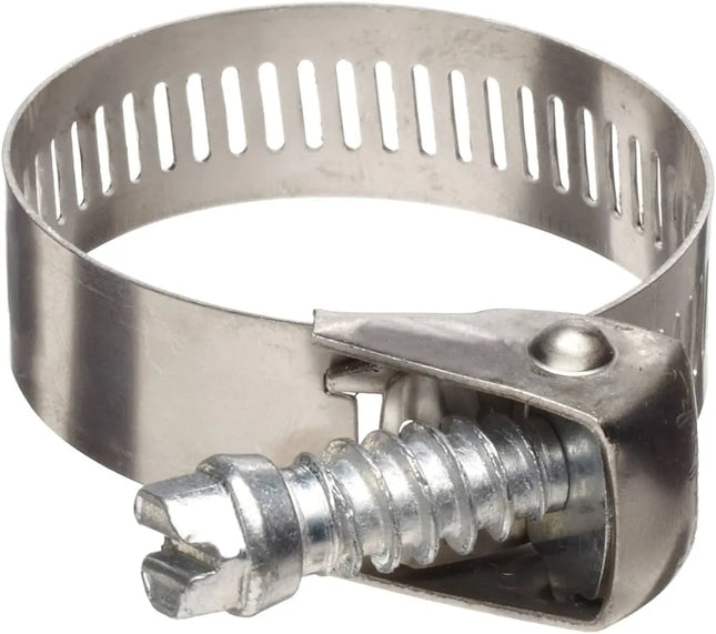 Metal hose clamp on a white background