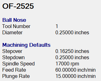 Technical specifications of a tool with dimensions and machining defaults on a white background