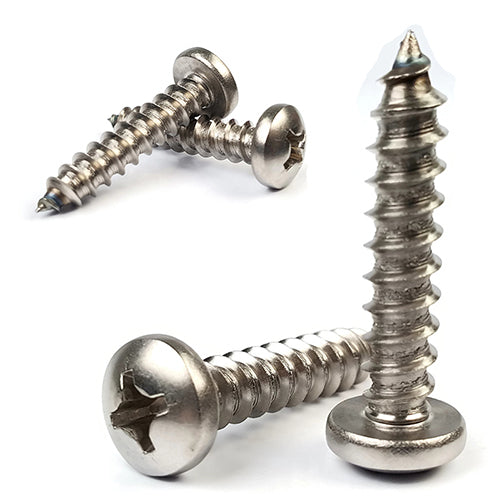 Three phillips pan head sheet metal screws on a white background