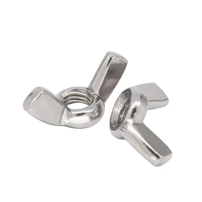 Two metal wing nuts on a white background