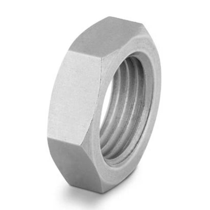 Metallic hexagonal nut on a white background
