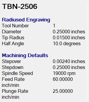 Technical specifications for radiused engraving tool TBN-2506 on a white background