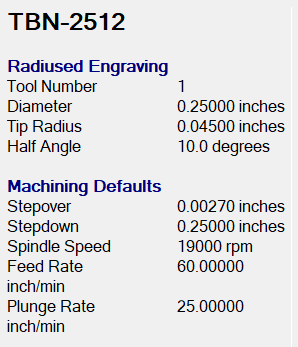 Technical specifications for radiused engraving tooling on a white background