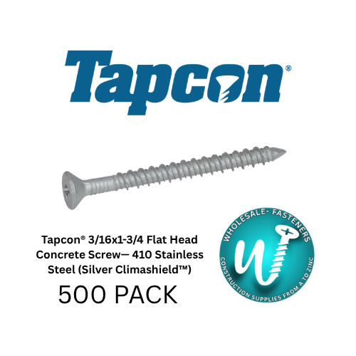 Tapcon concrete screw with brand logo and product details on a white background