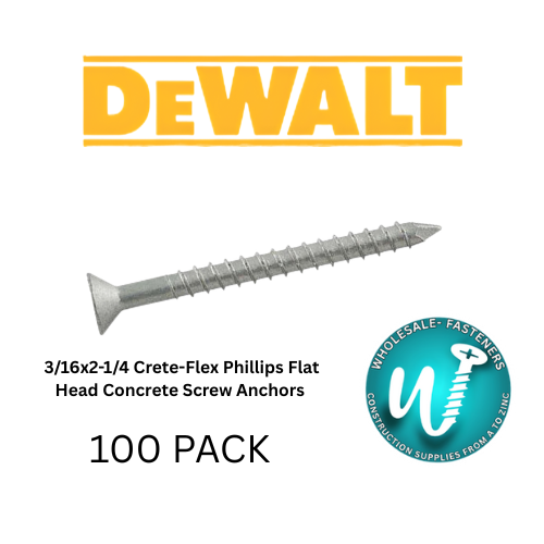 DeWalt  3/16X2-1/4 Phillips Flat Head Concrete Screws- Crete Flex 410 Stainless Steel Concrete and Masonry Screw Anchors 3/16 X 2 1/4 -100 Pack
