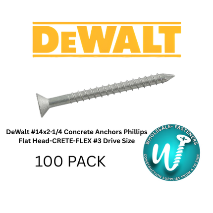 DeWalt #14X2-1/4 Concrete Screw Anchors Phillips Flat Head Crete-Flex 410 Stainless Steel-100 Pack - Wholesale-Fasteners