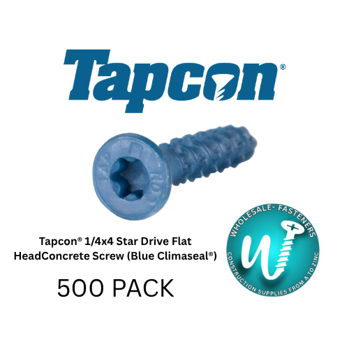 Blue concrete screw with Tapcon logo and product details on a white background