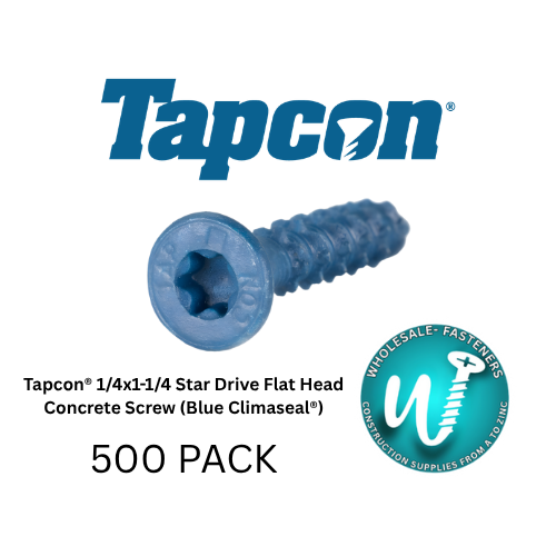 Blue concrete screw with Tapcon logo and product details on a white background