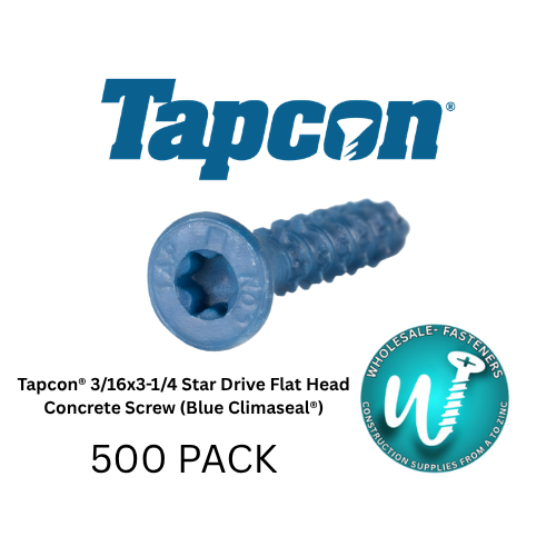 Blue concrete screw with Tapcon logo and product details on a white background