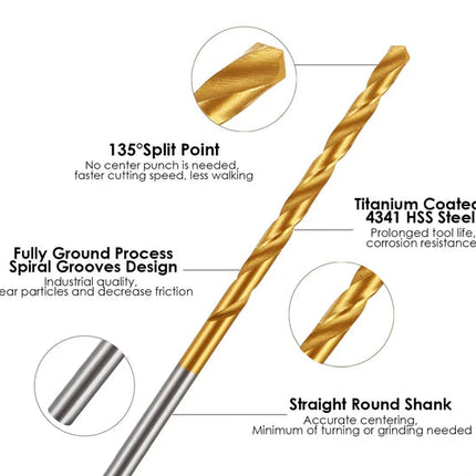 Gold drill bit with text highlighting features on a white background