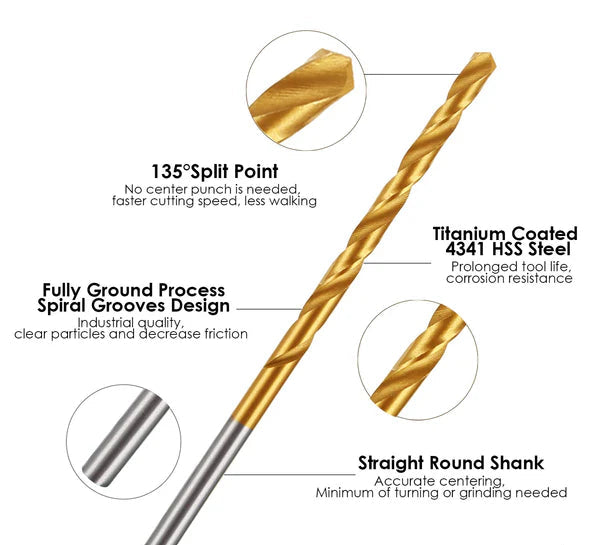 Gold drill bit with text highlighting features on a white background