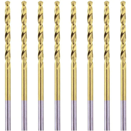 Set of gold drill bits with purple tips on a white background