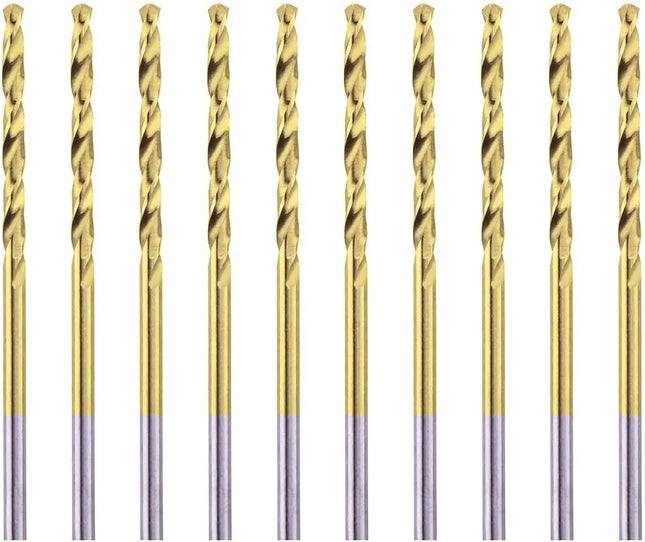 Set of gold drill bits with purple tips on a white background