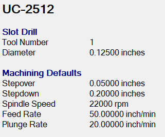 Machining parameters for a slot drill with tool number, diameter, and various machining defaults listed.