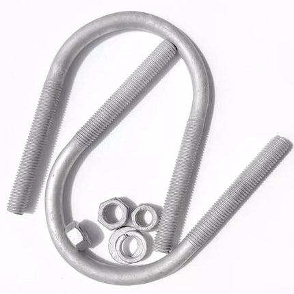 Two metal U-bolts with nuts on a white background