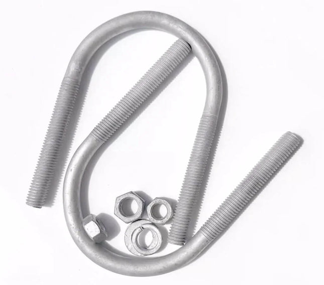 Two metal U-bolts with nuts on a white background