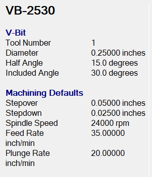 Technical specifications of a V-Bit tool including diameter, half angle, included angle, and machining defaults.