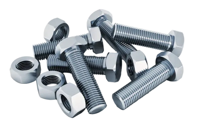 Collection of metal screws and bolts on a white background