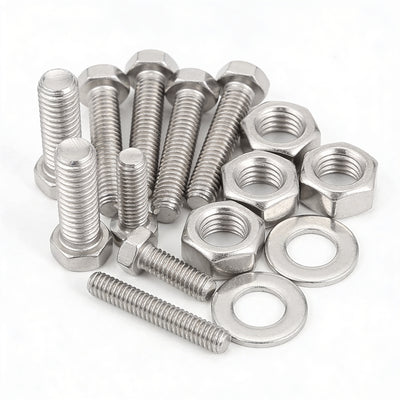 Collection of metal bolts and nuts on a white background