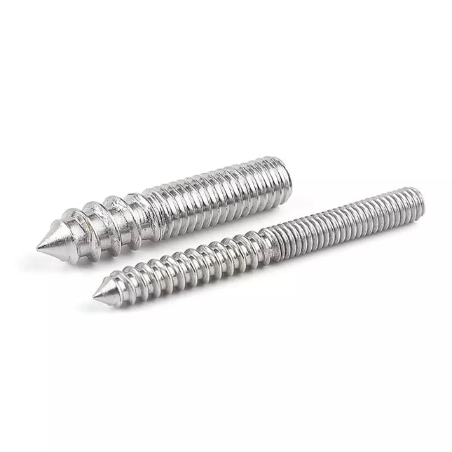Two stainless steel hanger bolts with pointed ends on a white background