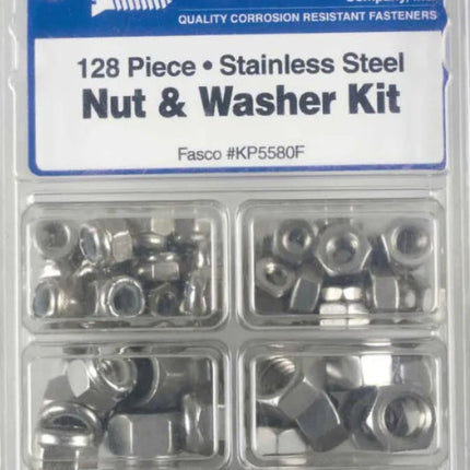 Fasco Fastener stainless steel nut and washer kit packaging on a white background