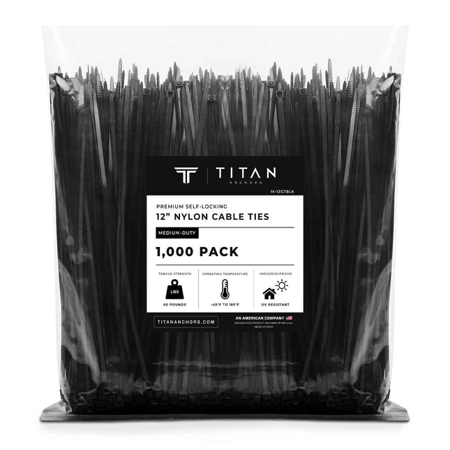 1000-Pack Premium 12-inch Black Nylon Zip Ties (60 Lbs. Tensile Strength / UV Resistant)