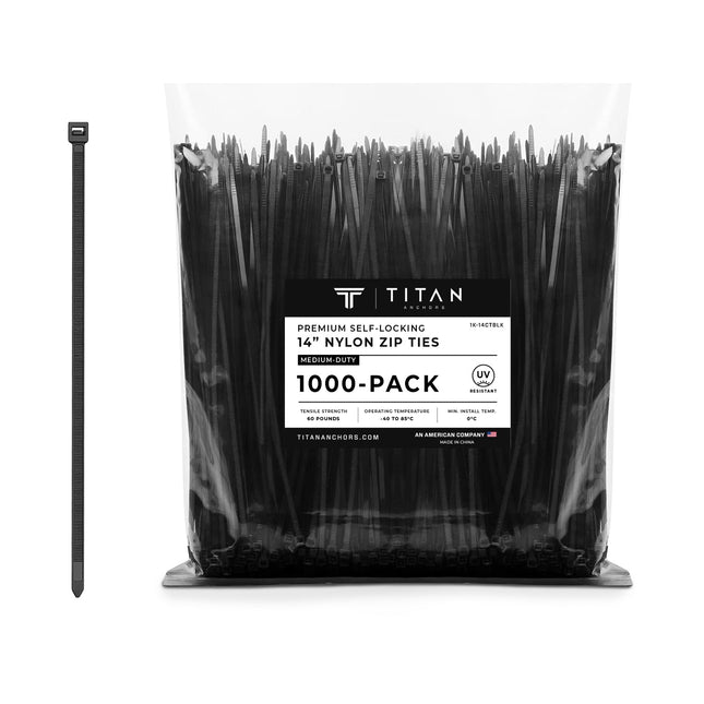 1000-Pack Premium 14-inch Black Nylon Zip Ties (60 Lbs. Tensile Strength / UV Resistant)