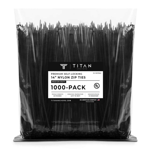 1000-Pack Premium 14-inch Black Nylon Zip Ties (60 Lbs. Tensile Strength / UV Resistant)