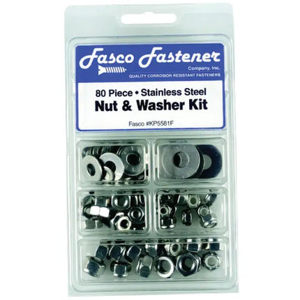 Fasco Fastener stainless steel nut and washer kit packaging on a white background